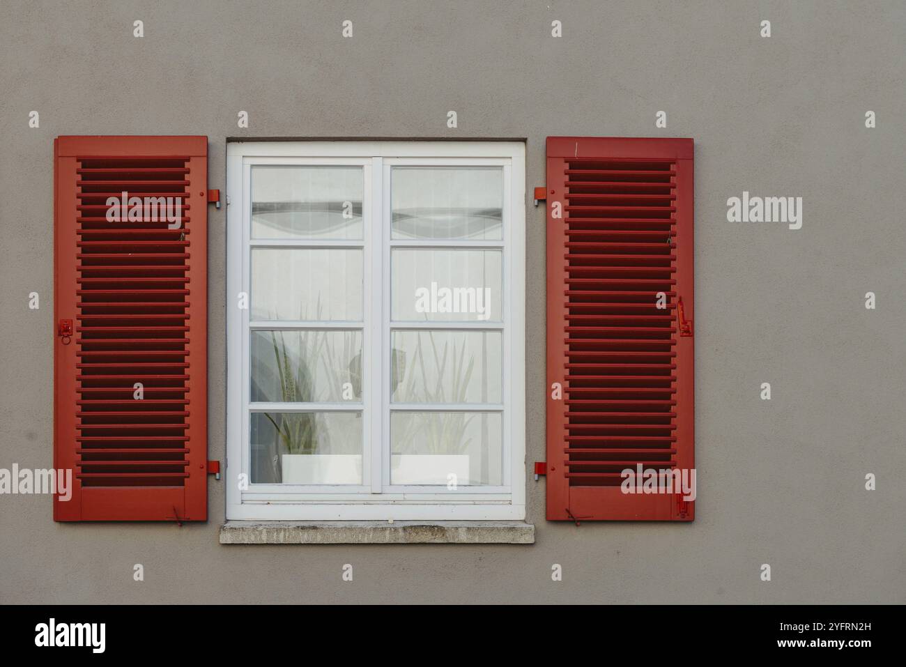 Fenêtres italiennes sur la façade murale blanche avec des volets et des fleurs rouges ouverts sur les fenêtres Banque D'Images