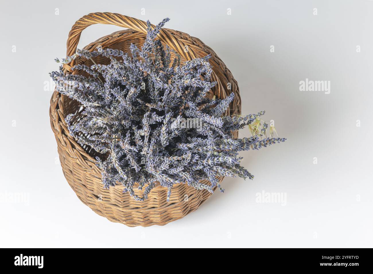 Bouquet de fleurs de lavande dans un panier en osier. Isolé sur fond wihte Banque D'Images