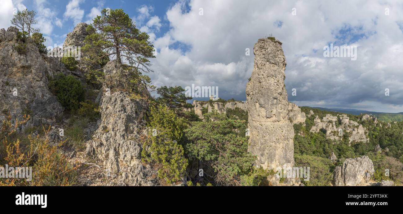 Rochers aux formes étranges dans le chaos de Montpellier-le-Vieux dans le parc national des cévennes. Panorama, panoramique. La Roque-Sainte-Marguerite, Aveyron Banque D'Images