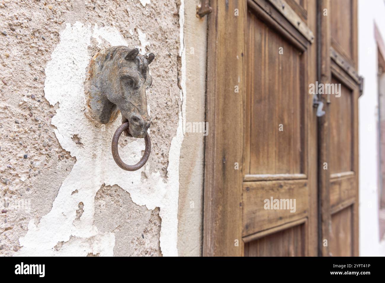 Vieille tête de cheval rouillée avec un anneau pour attacher les chevaux dans une cour arrière. Colmar, Haut-Rhin, collectivité europeenne d'Alsace, Grand est, France, Europe Banque D'Images