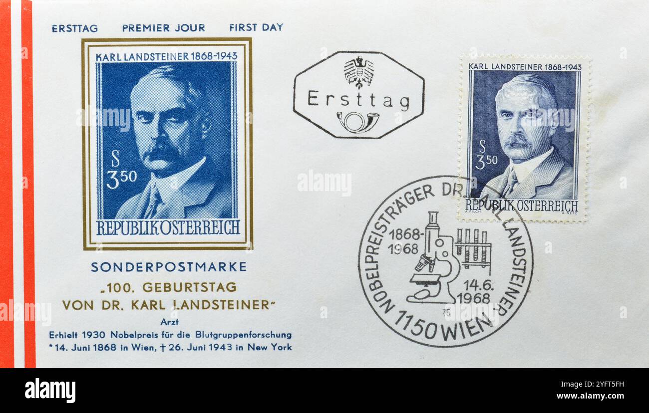 Lettre de couverture du premier jour imprimée par l'Autriche, avec timbre-poste oblitéré qui montre le portrait de Karl Landsteiner, centenaire de la naissance, vers 1968. Banque D'Images
