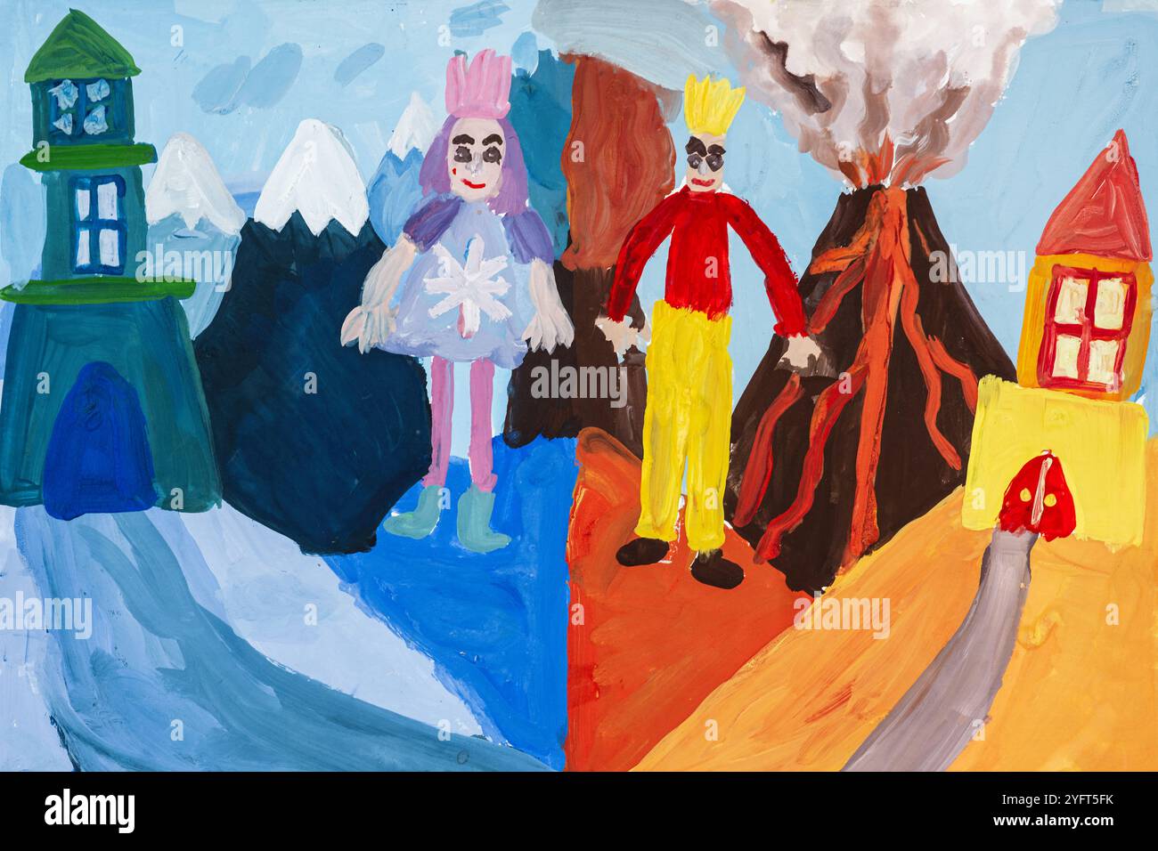 Une peinture d'enfant vibrante représentant des scènes contrastées avec des montagnes enneigées et une éruption volcanique. Deux personnages fantaisistes se tiennent au milieu du colorf Banque D'Images