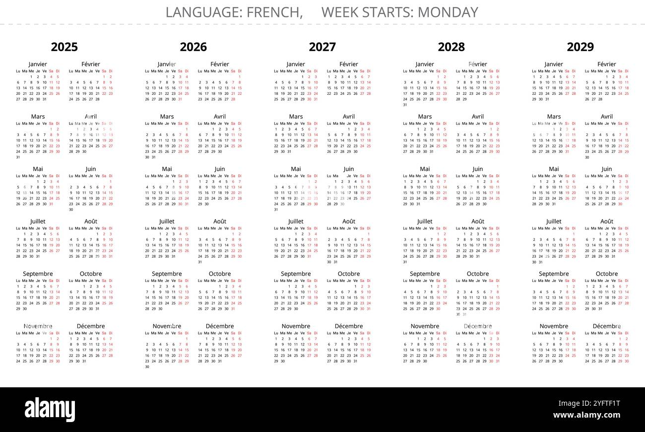 calendriers français 2025, 2026, 2027, 2028, 2029 ans. Ensemble d'illustration vectorielle imprimable pour la France - calendrier Illustration de Vecteur