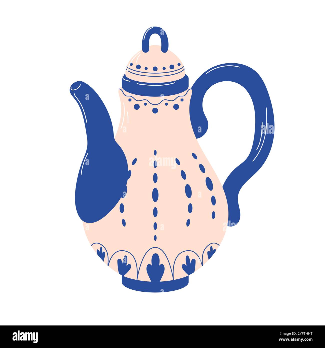 Théière vintage aux accents bleus et motif ornemental délicat. Idéal pour le design lié au thé, la décoration de cuisine et l'intérieur classique. Style plat. Illustration de Vecteur