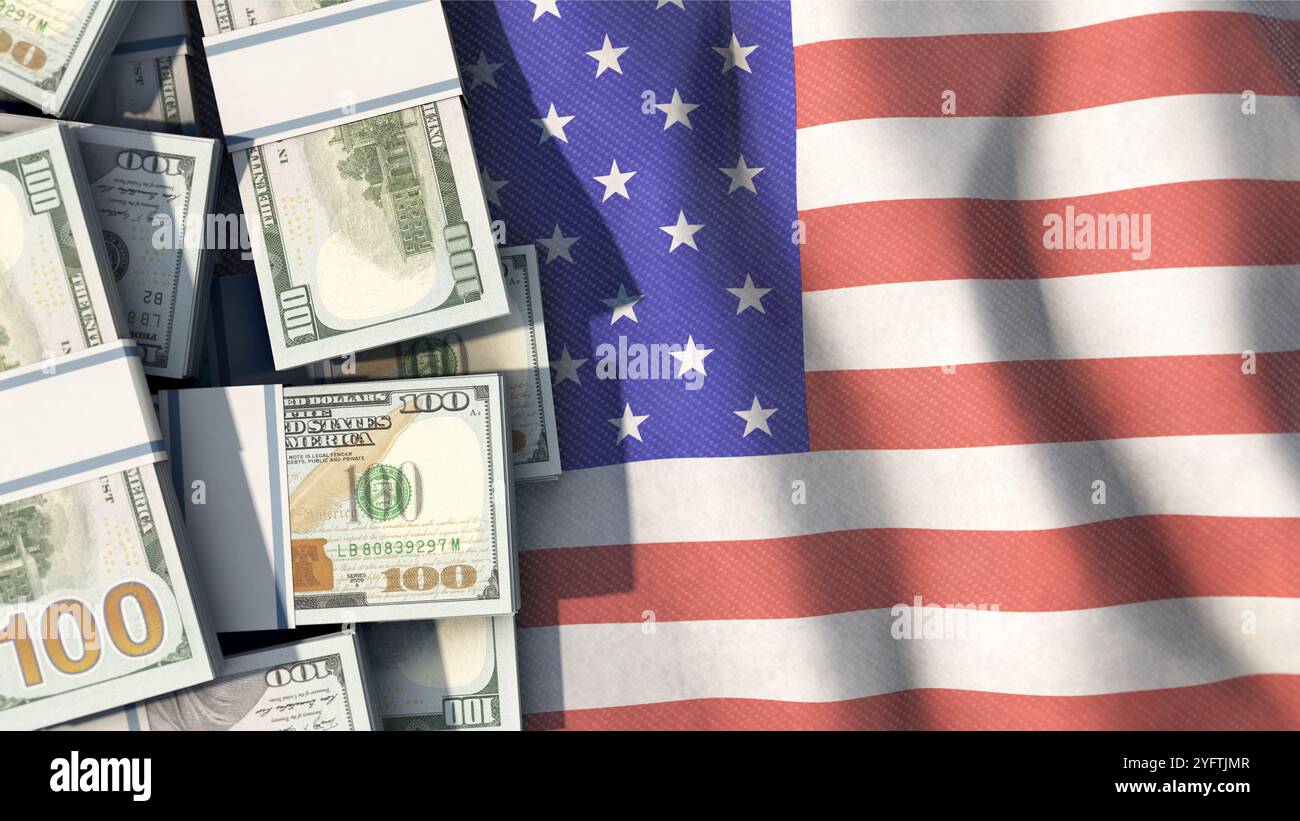 Des paquets de dollars américains se trouvent sur le drapeau américain Banque D'Images