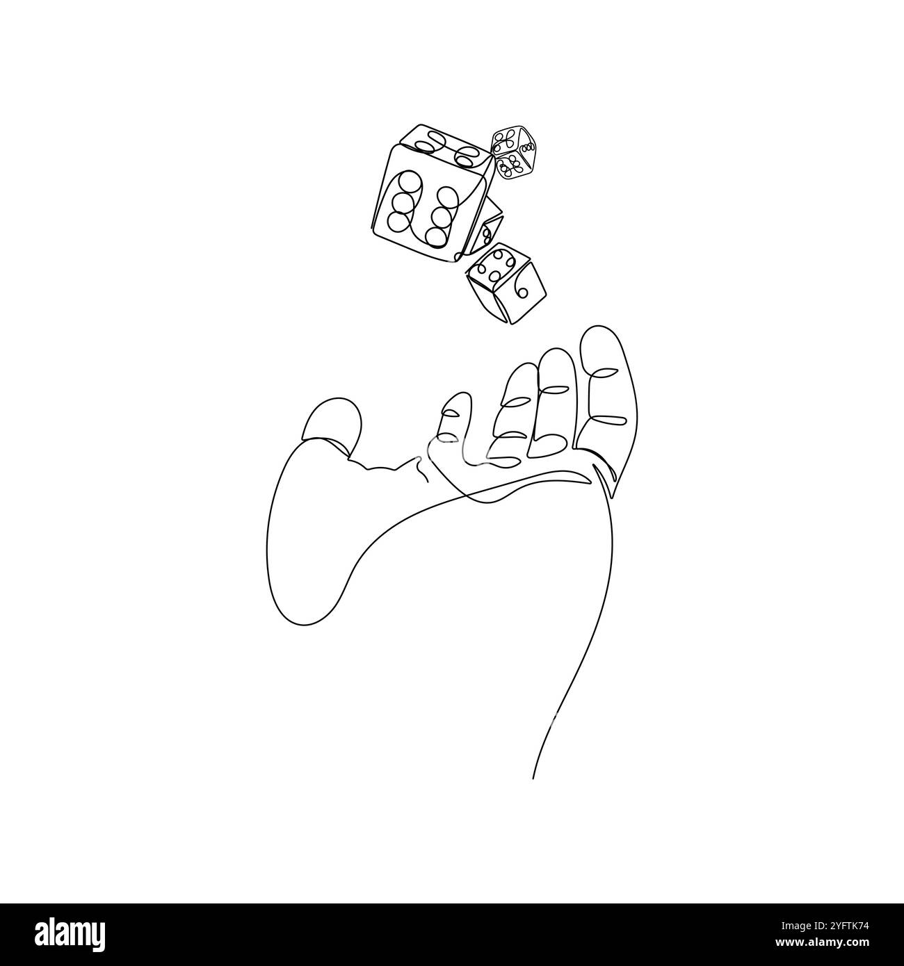 Main avec dés de jeu. Personne lançant du craps. Joueur, risque commercial, concept de casino dans un style de dessin de ligne continue. Vecteur dessiné à la main. Illustration de Vecteur
