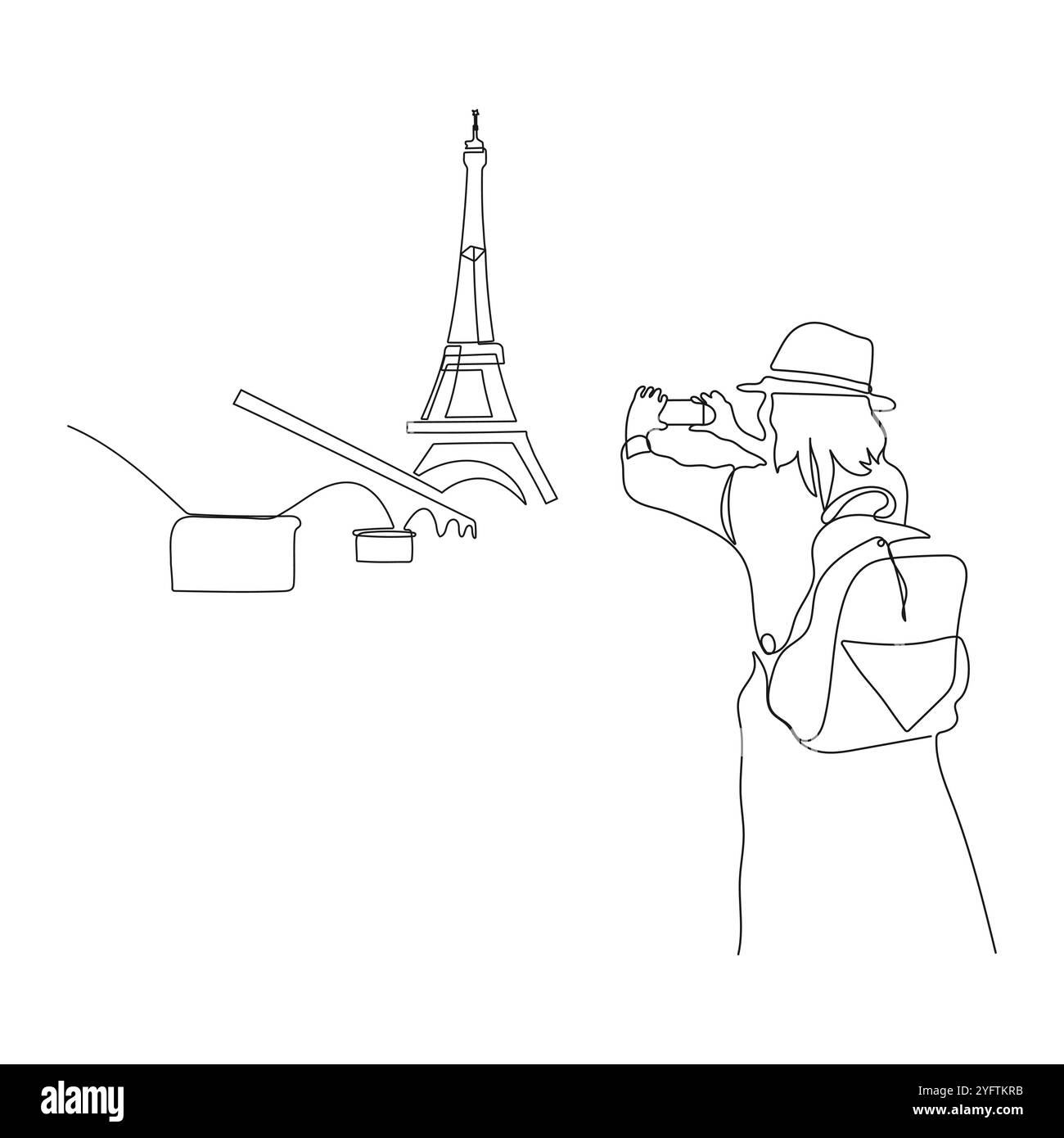 Fille touristique prenant photo de la tour Eiffel à Paris avec smartphone, voyage en Europe. Concept de tourisme. Illustration vectorielle à une ligne. Illustration de Vecteur