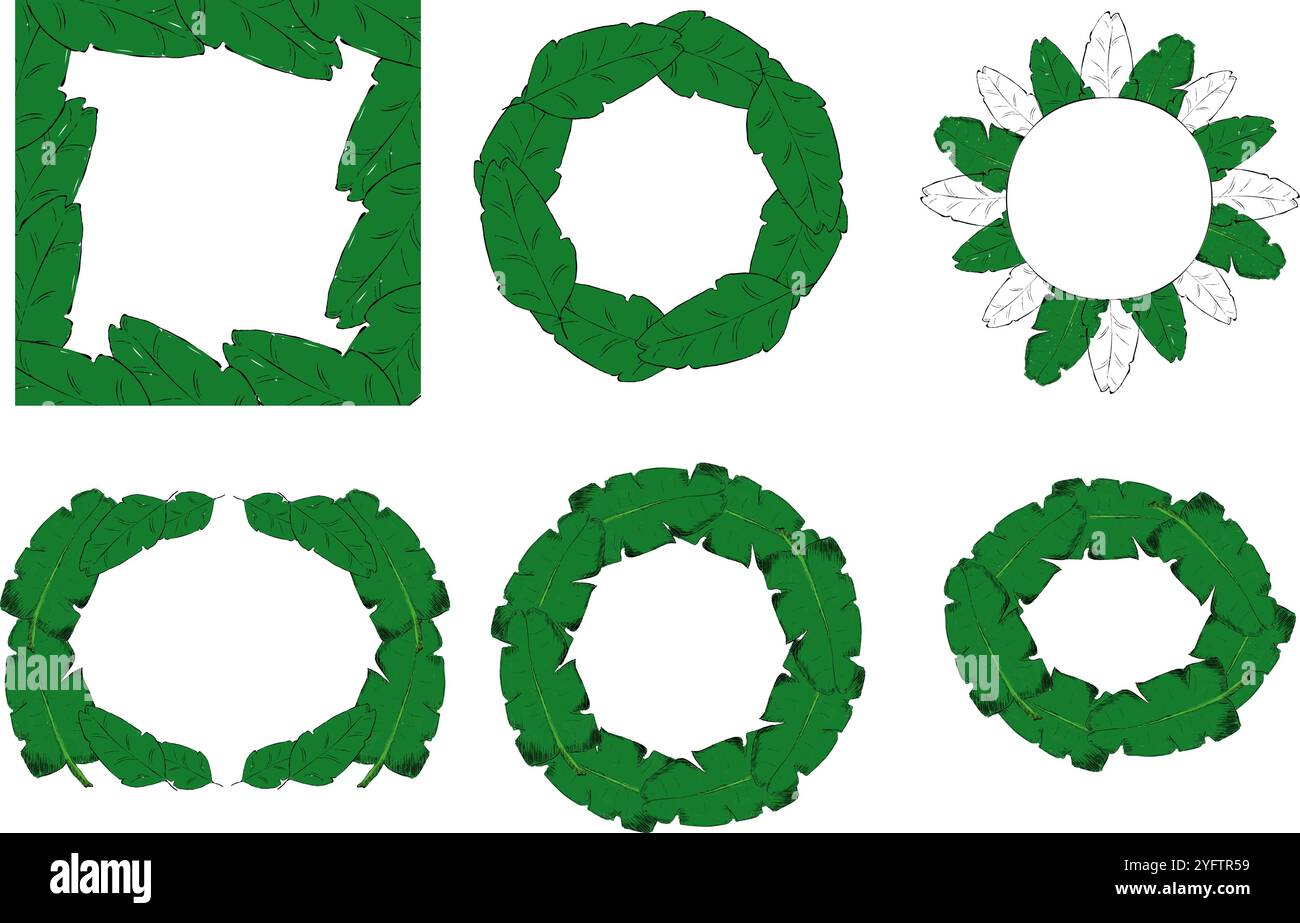 Ensemble de cadres feuilles tropicales. Illustration graphique de dessin animé de l'ensemble de bannière vectorielle de forêt tropicale pour la conception Web Illustration de Vecteur