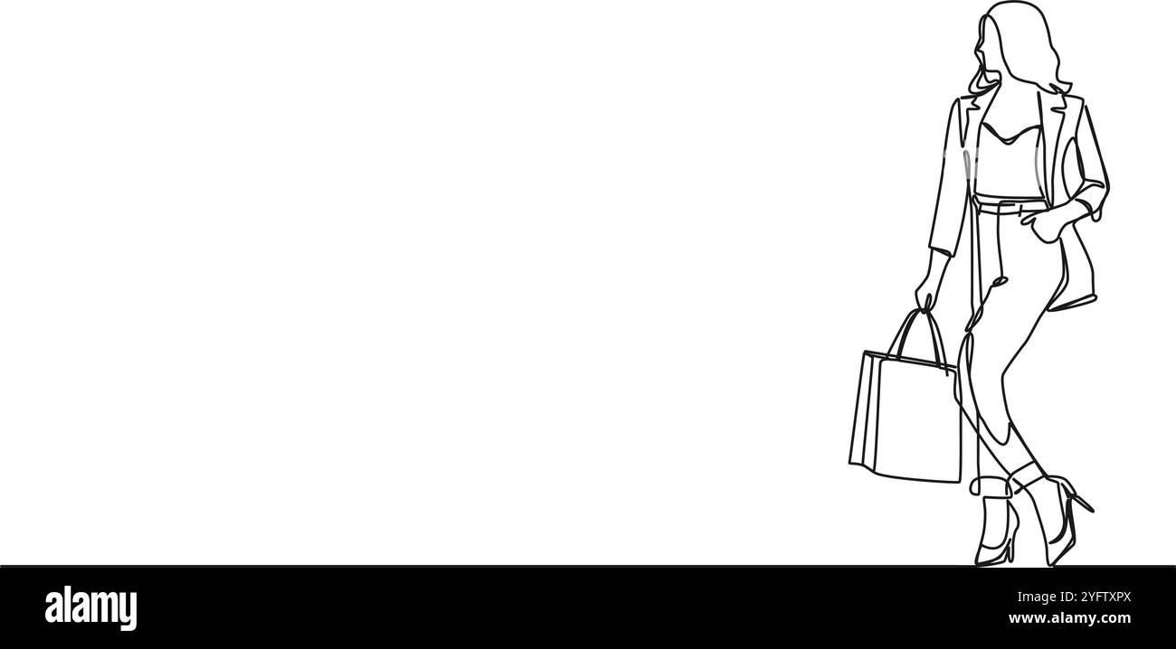 dessin simple ligne continu de femme élégante avec des sacs à provisions, illustration vectorielle d'art de ligne Illustration de Vecteur