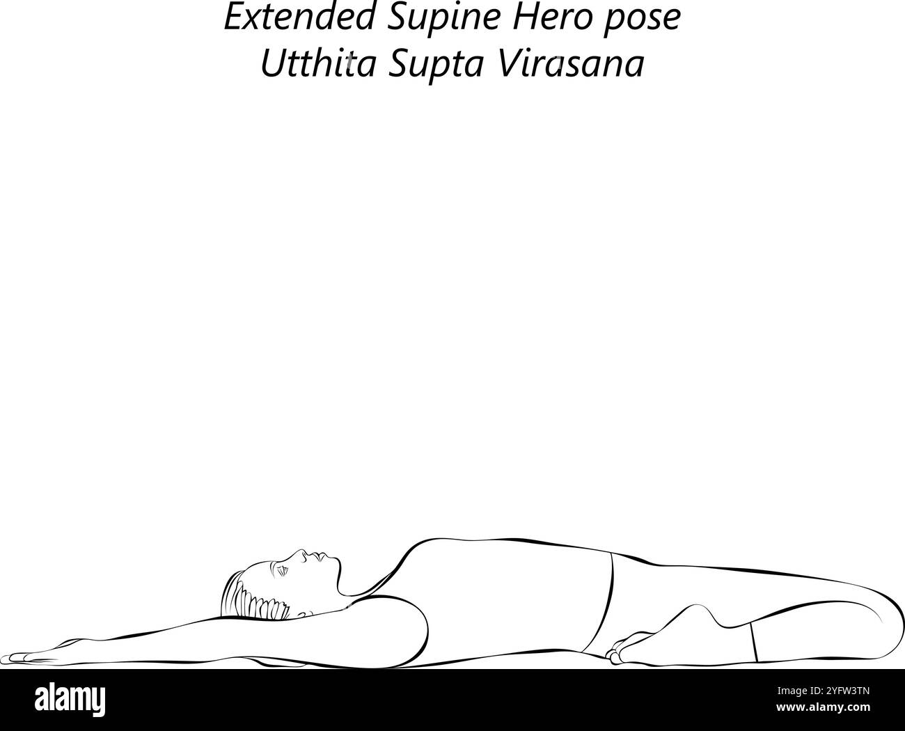 Croquis d'une jeune femme pratiquant la pose de yoga Utthita Supta Virasana. Posture du héros allongée sur le dos. Illustration vectorielle isolée. Illustration de Vecteur