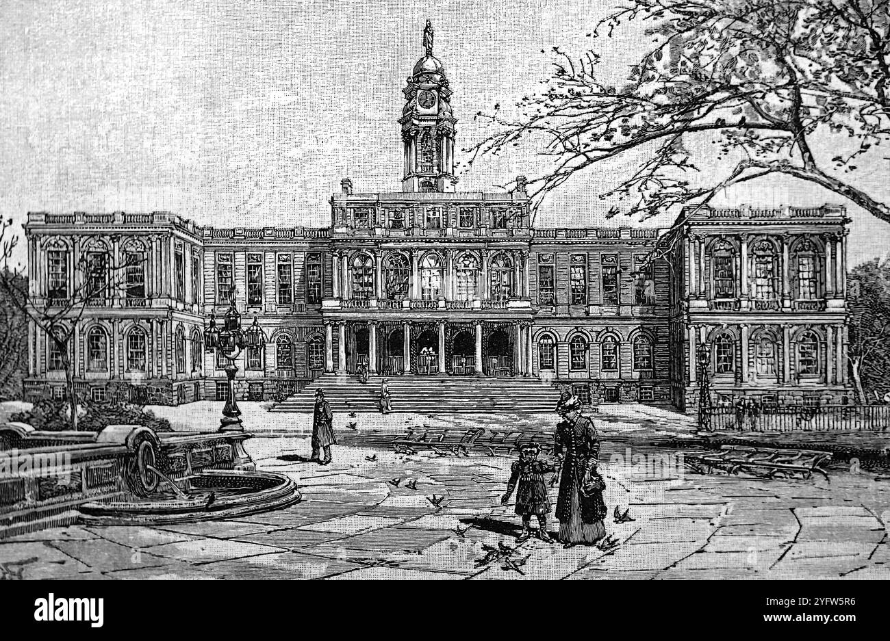 Dessin au trait montrant une vue de l'hôtel de ville de New York. Tiré d'un carnet de voyage du XIXe siècle des États-Unis d'Amérique, publié en 1891, il s'agit d'une photographie de l'une des nombreuses gravures (beaucoup d'entre elles par Edward Whymper) utilisées pour illustrer des aspects de l'histoire sociale, de l'architecture, de la topographie et de la géographie des États-Unis. Banque D'Images
