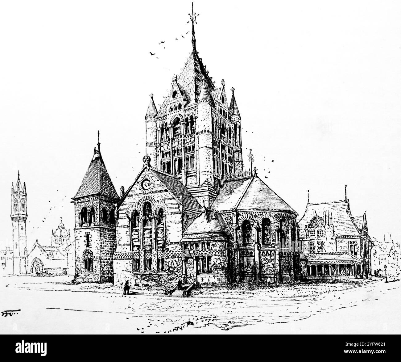 New Old South et Trinity Churches à Boston, Massachusetts. Tiré d'un carnet de voyage du XIXe siècle des États-Unis d'Amérique, publié en 1891, il s'agit d'une photographie de l'une des nombreuses gravures (beaucoup d'entre elles par Edward Whymper) utilisées pour illustrer des aspects de l'histoire sociale, de l'architecture, de la topographie et de la géographie des États-Unis. Banque D'Images