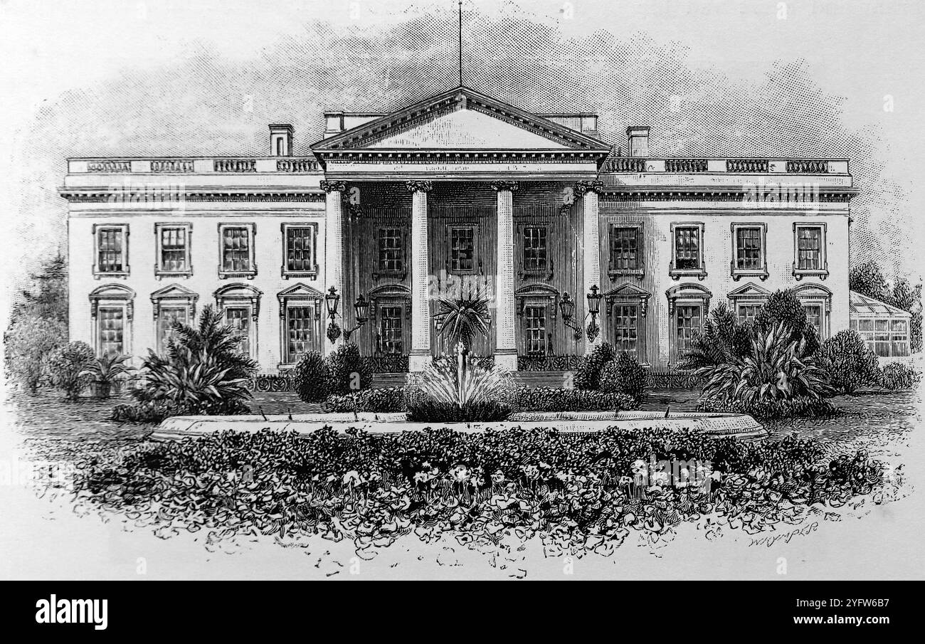 Entrée principale de la Maison Blanche à Washington DC, la maison officielle du président des États-Unis. Tiré d'un carnet de voyage du XIXe siècle des États-Unis d'Amérique, publié en 1891, il s'agit d'une photographie de l'une des nombreuses gravures (beaucoup d'entre elles par Edward Whymper) utilisées pour illustrer des aspects de l'histoire sociale, de l'architecture, de la topographie et de la géographie des États-Unis. Banque D'Images