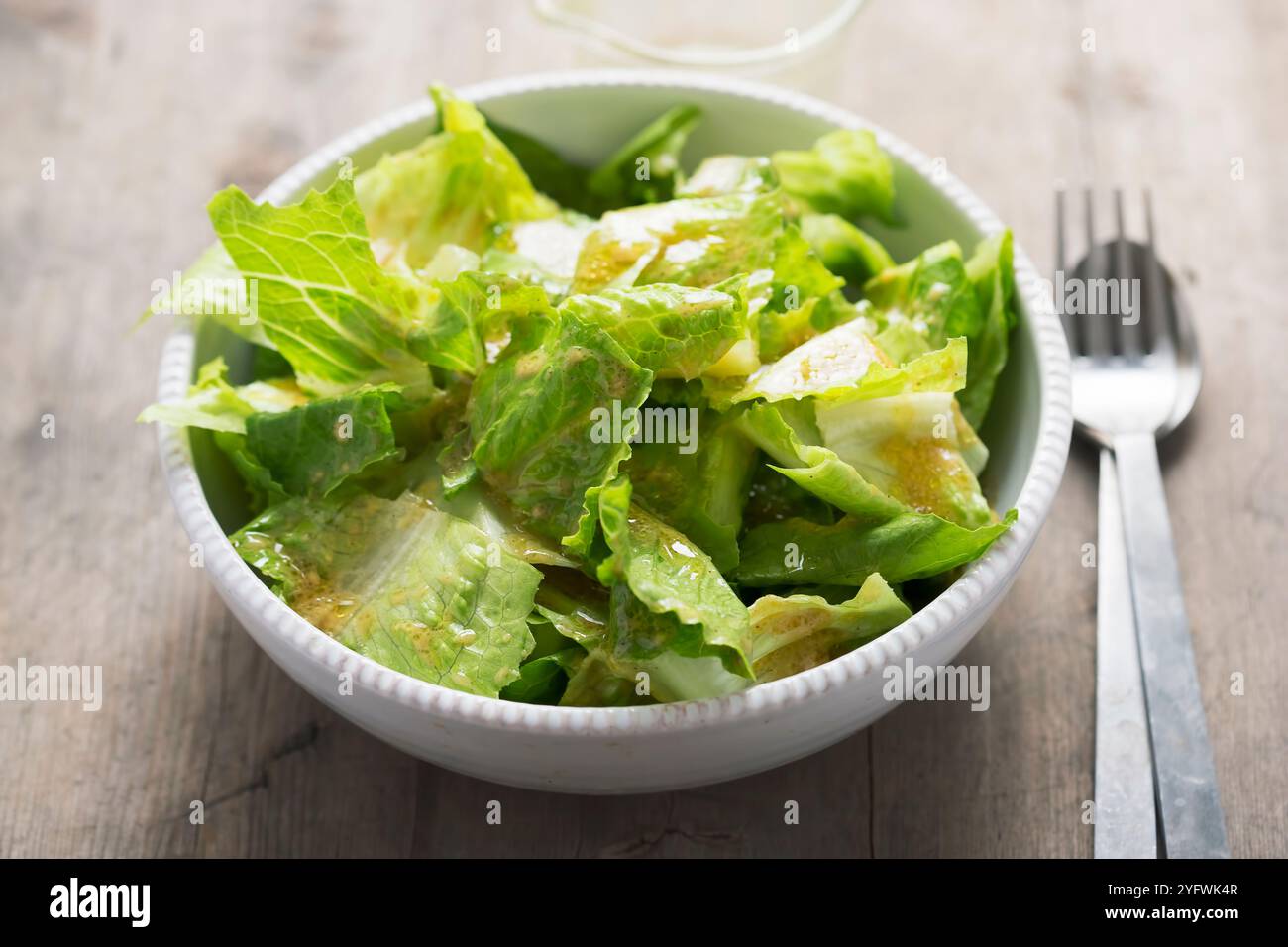 Salade de laitue romaine avec sauce vinaigrette Banque D'Images