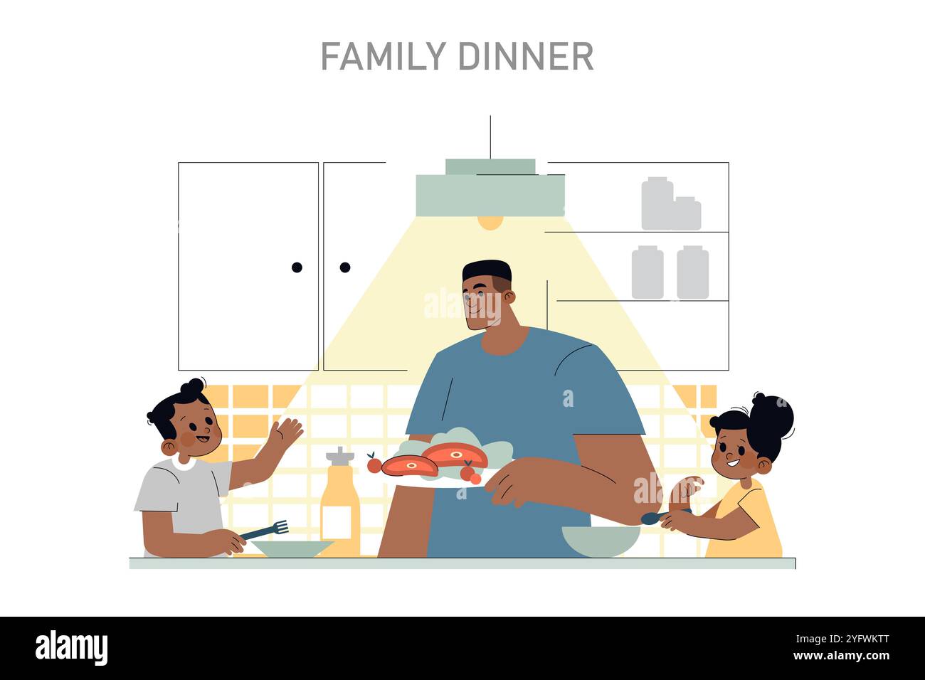 Concept de dîner familial. Une scène réconfortante d'un père cuisinant pendant que ses enfants s'engagent au comptoir de la cuisine. Préparation de repas maison. Illustration vectorielle. Illustration de Vecteur