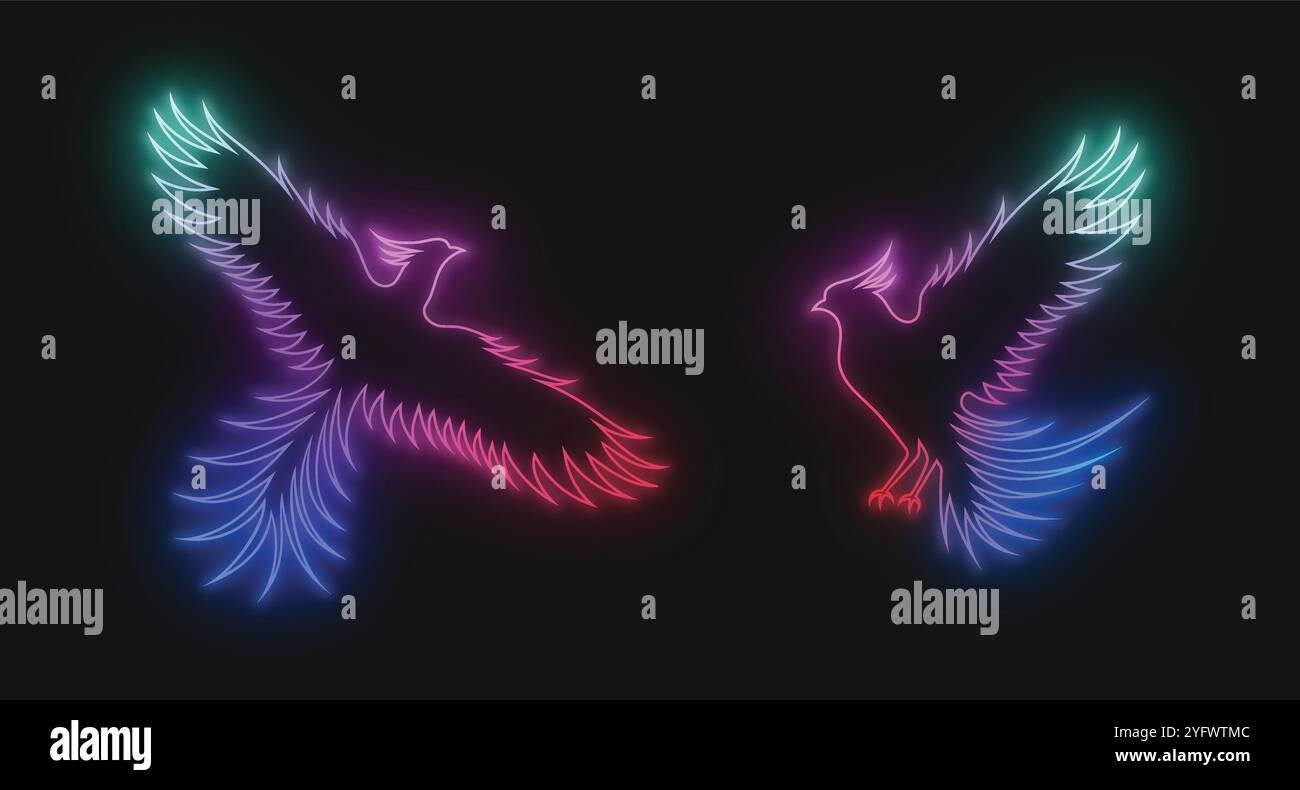 Un contour néon de phoenix multicolore arc-en-ciel avec des ailes, isolé sur le fond noir. Un ensemble d'illustrations vectorielles Illustration de Vecteur