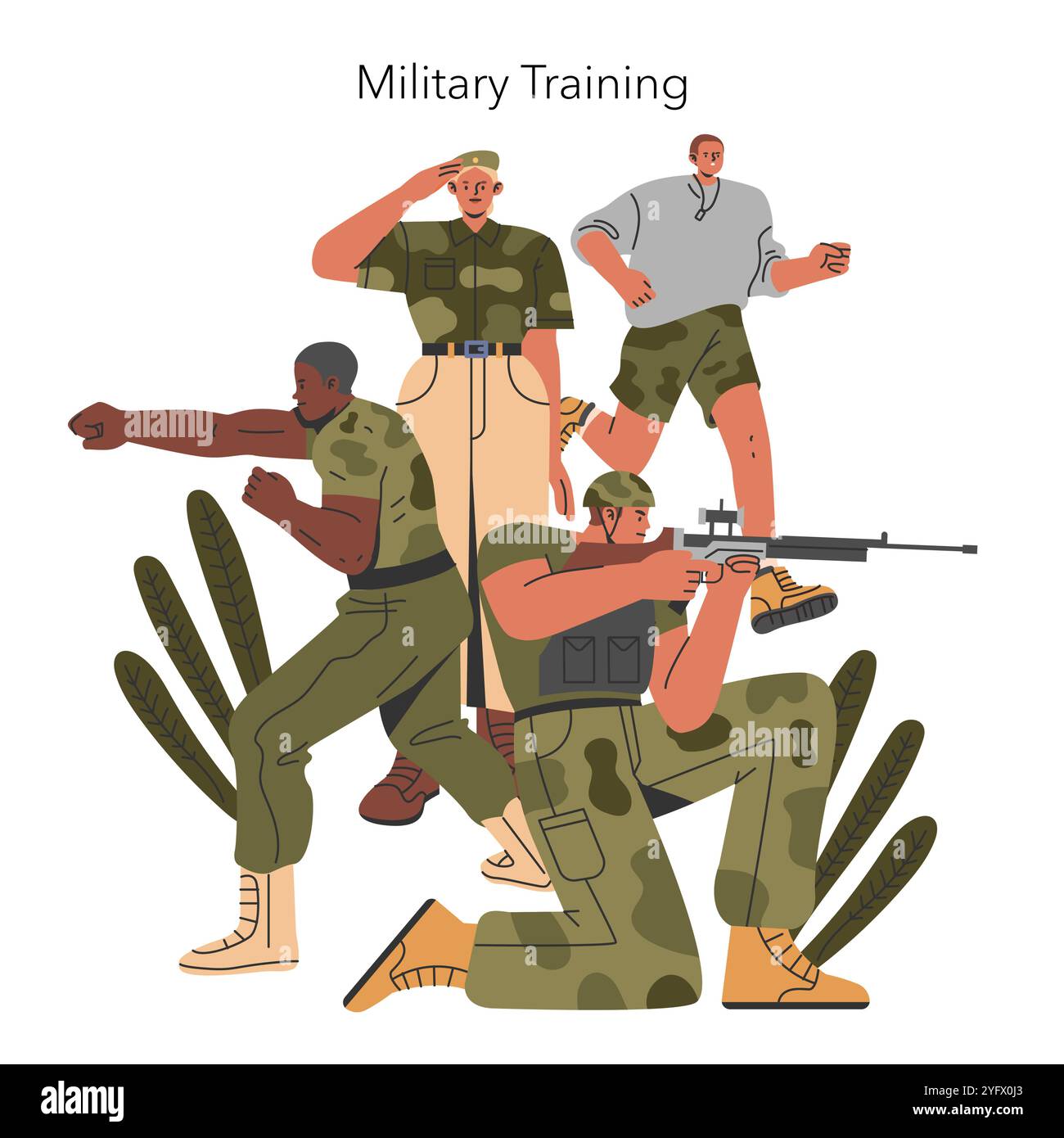 Concept d'entraînement militaire. Soldats dans diverses poses démontrant la préparation au combat et les manœuvres tactiques. Travail d'équipe, discipline et renforcement des compétences. Illustration vectorielle. Illustration de Vecteur