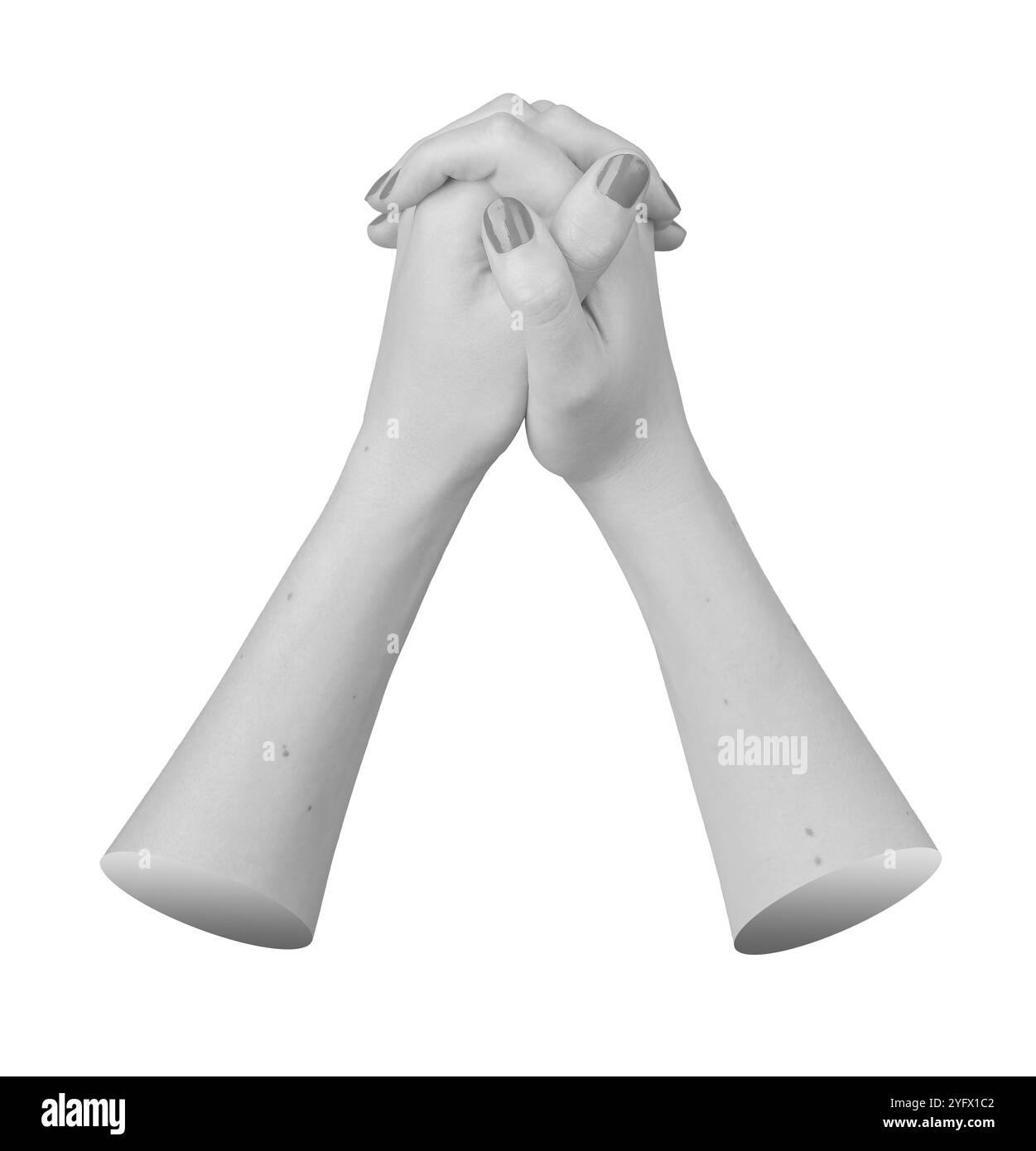 Les mains entrelacées dans une unité de soutien, les doigts serrés dans un geste de paix, de prière et de gratitude. Connexion féminine, force calme et tranquille, avec Banque D'Images