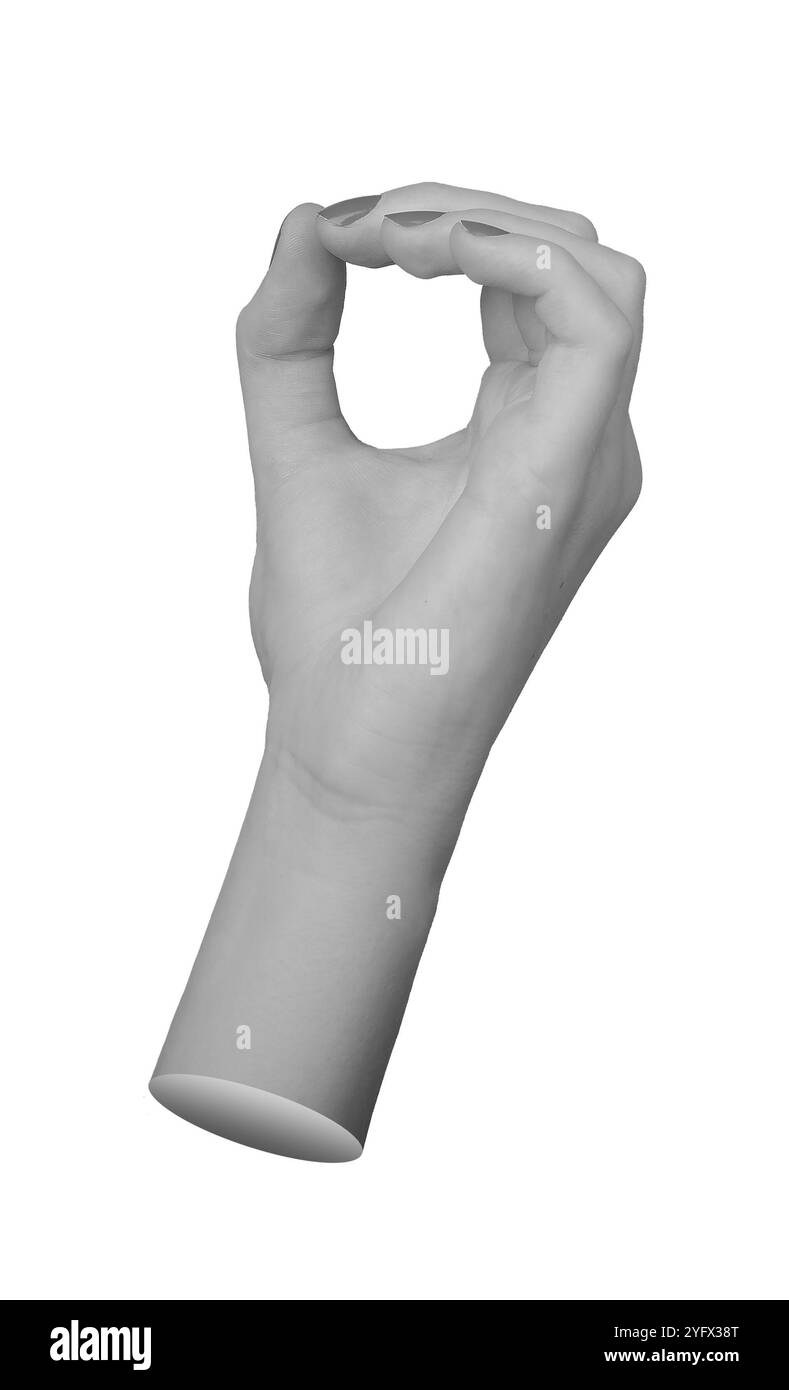 Main faisant un O circulaire avec le pouce et l'index se touchant, formant le signe OK, isolé sur un fond blanc. Banque D'Images
