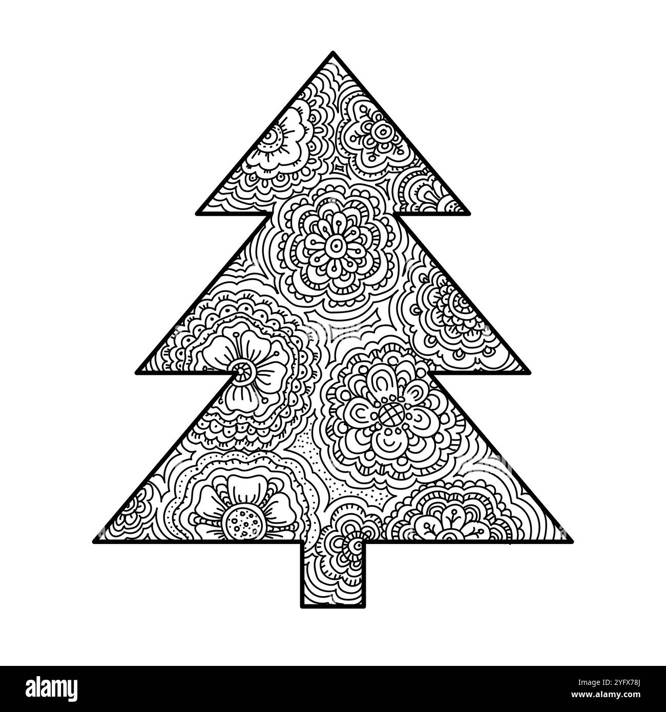Carte de nouvel an zentangle en forme de sapin de Noël. Décoration ornée lettrage 2025 carte de vœux joyeux vacances d'hiver et page à colorier adulte antistress Illustration de Vecteur