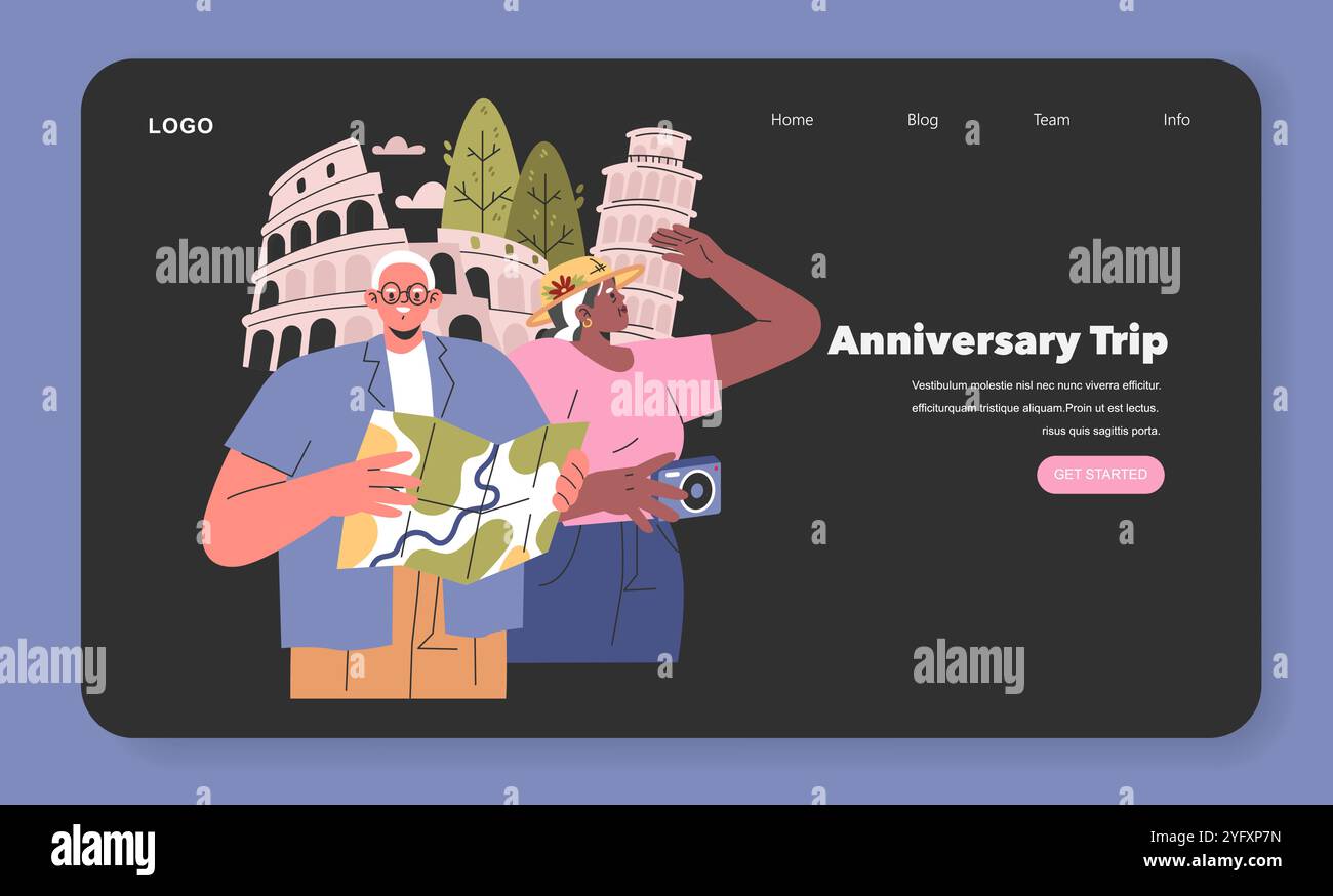 Concept de voyage anniversaire. Un joyeux couple âgé explorant des monuments célèbres avec une carte et une caméra sur une bannière de site Web. Célébrer l'amour et le voyage. Illustration vectorielle. Illustration de Vecteur