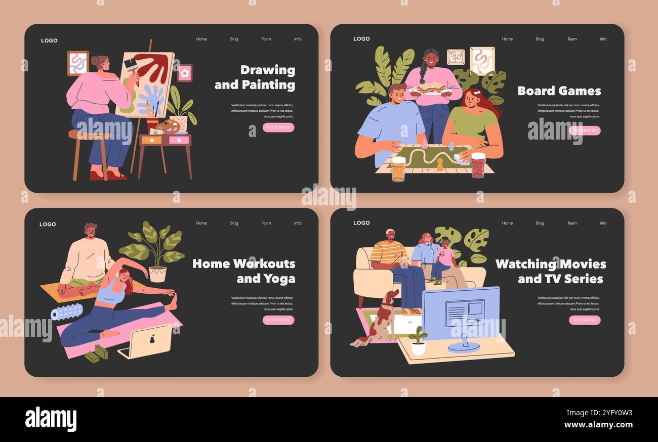 Passe-temps à la maison. S'engager dans les arts créatifs, profiter des jeux de société, pratiquer le yoga et regarder la télévision pour se détendre. Illustration vectorielle. Illustration de Vecteur