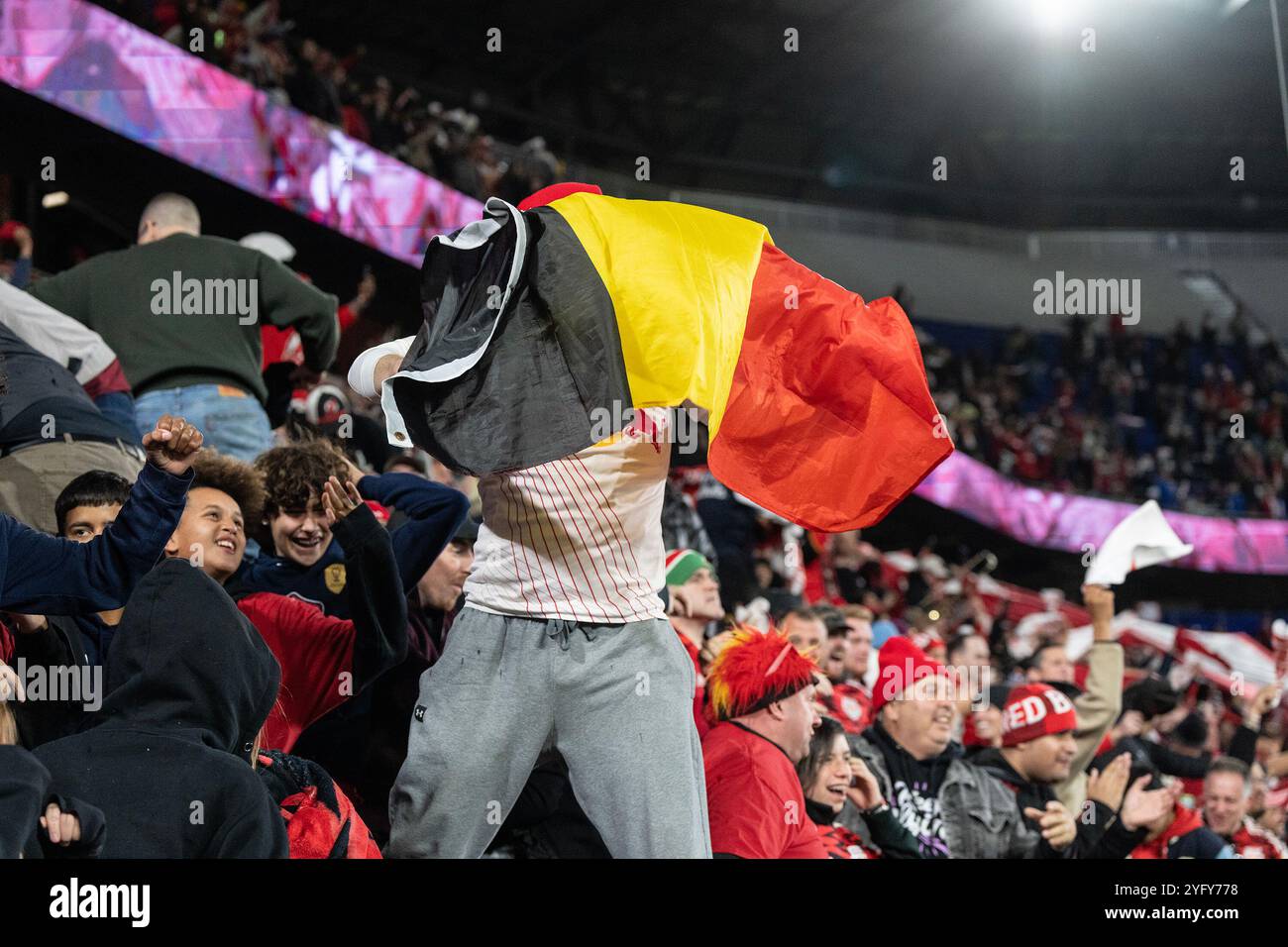 Harrison, États-Unis. 03 Nov, 2024. Les fans brandissent le drapeau allemand après que Dante Vanzeir ait marqué un but pendant le match entre les New York Red Bulls et Columbus Crew au 1er tour des séries éliminatoires de la MLS Audi Cup au Red Bull Arena à Harrison, NJ Selon les règles établies par la MLS, le premier tour des séries éliminatoires se compose du meilleur des 3 jeux et tout jeu doit se terminer par la victoire pour l'un des adversaires avec un penalty au cas où le jeu se terminerait par un nul. Les Red Bulls ont gagné au penalty. (Photo de Lev Radin/Pacific Press) crédit : Pacific Press Media production Corp./Alamy Live News Banque D'Images