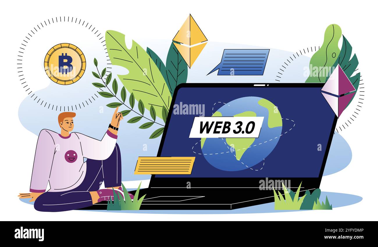 Homme avec web 3,0. Jeune homme près d'un ordinateur portable avec une nouvelle page Internet. Crypto-monnaie et Blockchain. Technologies modernes et innovations. Vecteur plat Illustration de Vecteur