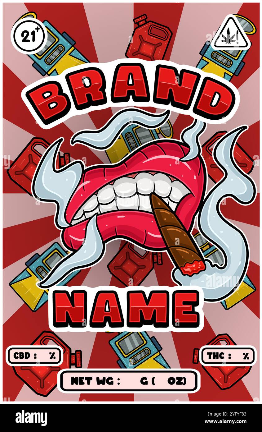 Cartoon Smoking Mouth avec des souches Sour Diesel et de la fumée pour la conception d'emballage de cannabis et de tabac. Illustrations vectorielles Illustration de Vecteur