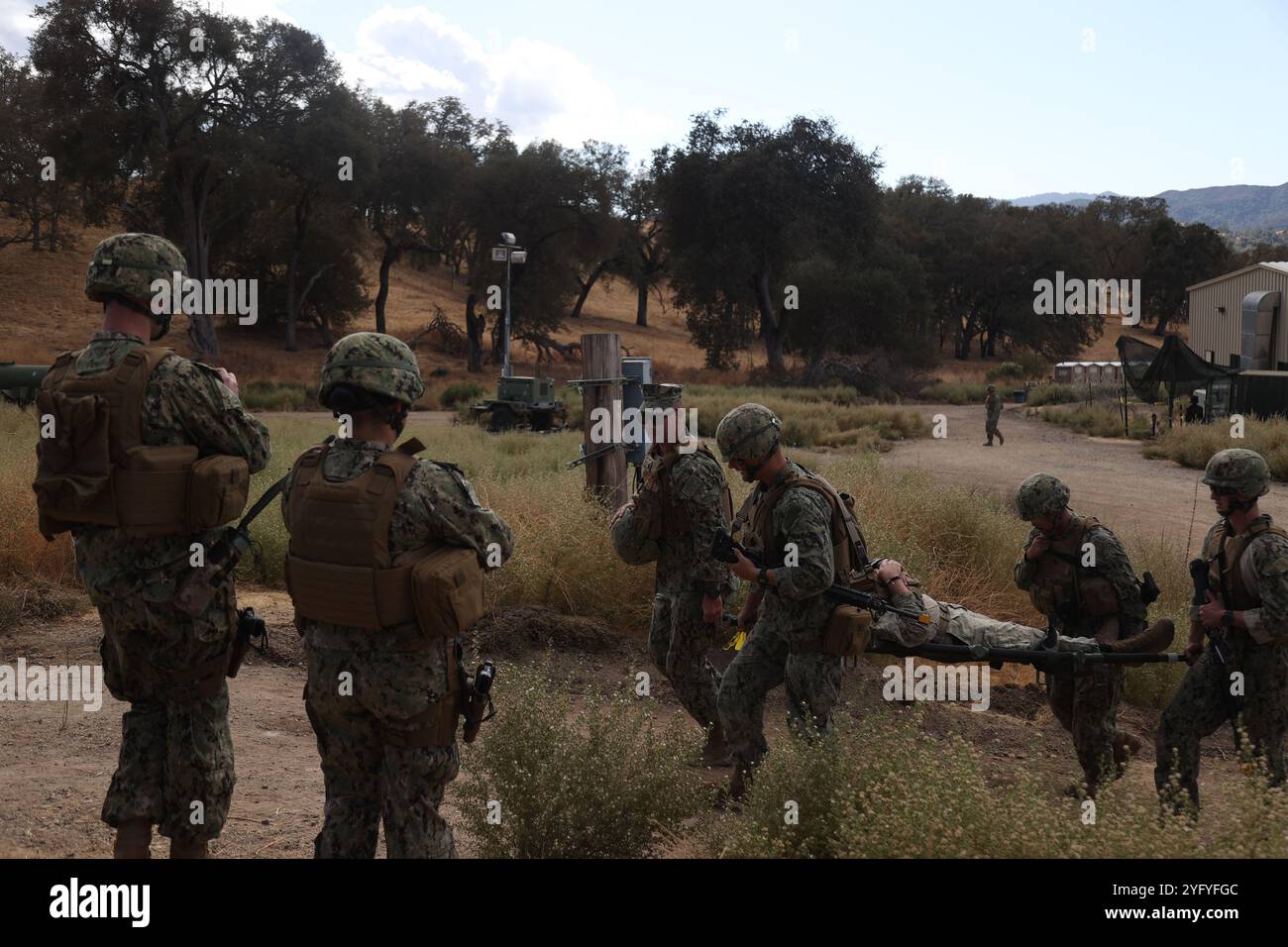 Les marins affectés au bataillon naval de construction mobile (NMCB) 4 effectuent des exercices médicaux pendant un exercice d'entraînement sur le terrain à ft. Hunter Liggett le 28 octobre 2024. La BNMC 4 met en œuvre un solide plan de formation en compétences en construction pour se préparer à une mission dynamique établie dans l’ensemble de l’Indo-Pacifique à l’appui des objectifs stratégiques du commandant combattant. (Photo de l'US Navy par le spécialiste des communications de masse Dakota Rayburn, 1re classe) Banque D'Images