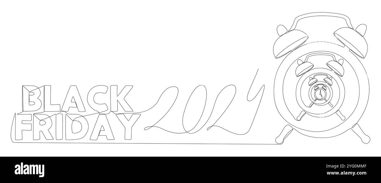 Une ligne continue de réveil avec texte Black Friday 2024. Concept vectoriel d'illustration de ligne mince. Contour Drawing idées créatives. Illustration de Vecteur