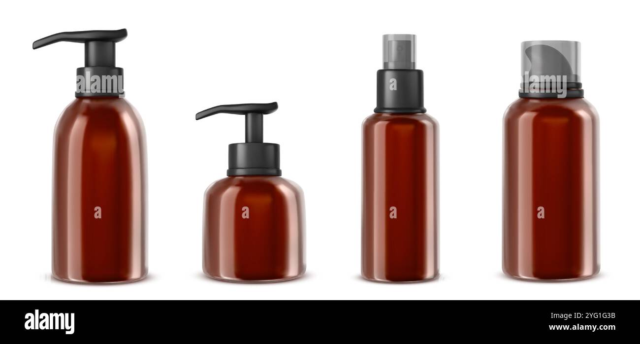 Récipients en verre ambré de différentes formes avec distributeurs à pompe et buses de pulvérisation. Ensemble réaliste 3d de maquette pour emballage professionnel brun avec des casquettes foncées pour lotions, sérums, shampooings ou cosmétiques. Illustration de Vecteur