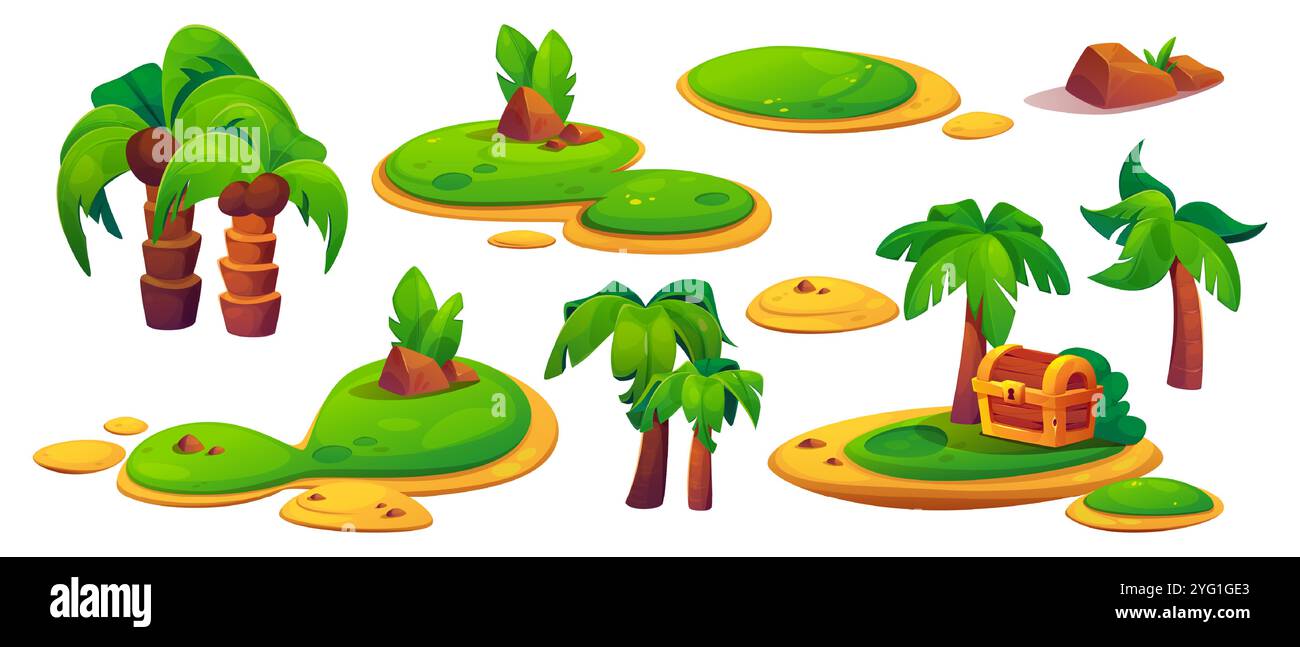 Set d'éléments de niveau jeu - cadre tropical avec palmiers, plates-formes insulaires de sable avec herbe verte, coffre au trésor en bois et rochers bruns. Actifs de jeu mobile d'aventure tropicale de dessin animé lumineux. Illustration de Vecteur