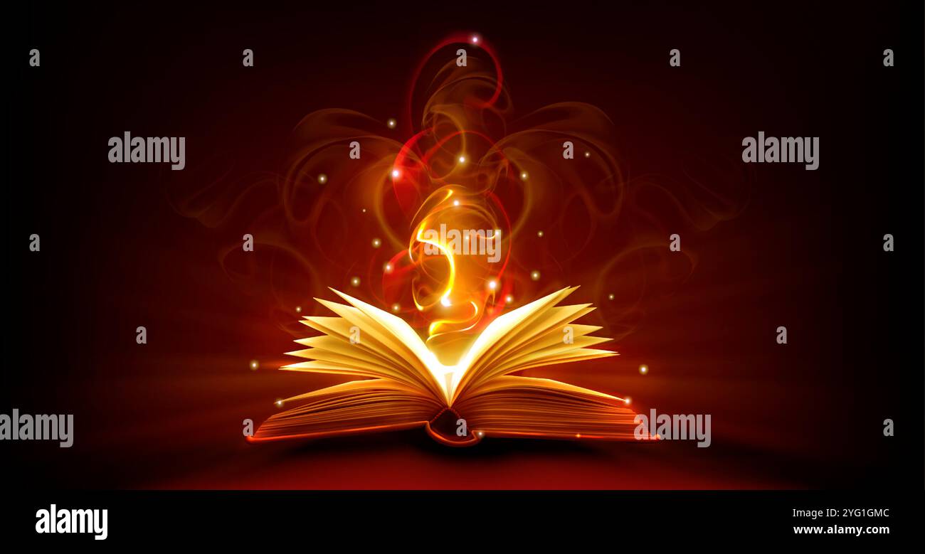 Ouvrez le livre magique avec la lumière du feu. Bible Fantasy Flame. Brûler la littérature de conte de fées ou de sort pour l'éducation. conception de lueur mystique 3d avec de la poussière et des paillettes. Manuel réaliste avec légende et sagesse Illustration de Vecteur