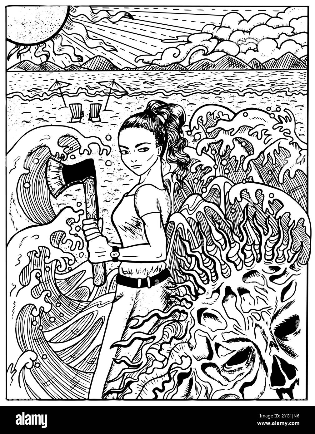 Illustration vectorielle dessinée à la main avec le concept d'apocalypse zombie pour la page de coloriage d'horreur. Belle fille avec hache combattant monstre zombie mort-vivant Illustration de Vecteur