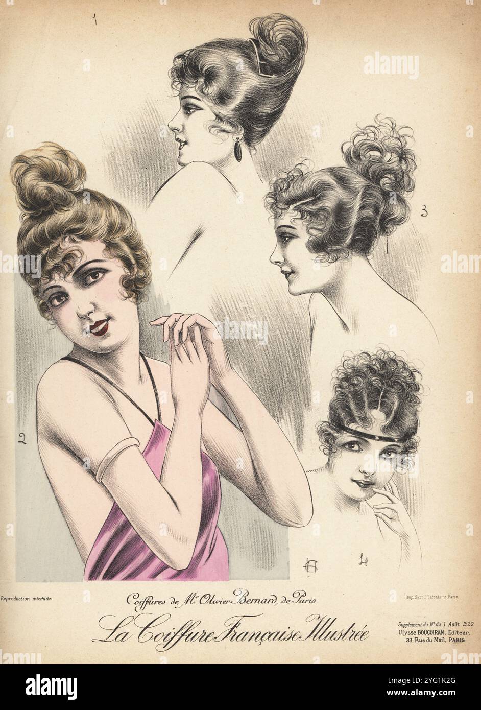 Coiffures pour femmes par Olivier Bernard de Paris. Les femmes avec leurs boucles dans et attaché hors de la nuque, fixé avec peigne, diadème, etc Coiffures de M. Olivier Bernard de Paris. Chromolithographie par H. gravier de la coiffure française illustrée, revue française de coiffure éditée par Ulysse Boucoiran, 33 rue de mail, Paris, mars 1924. Banque D'Images