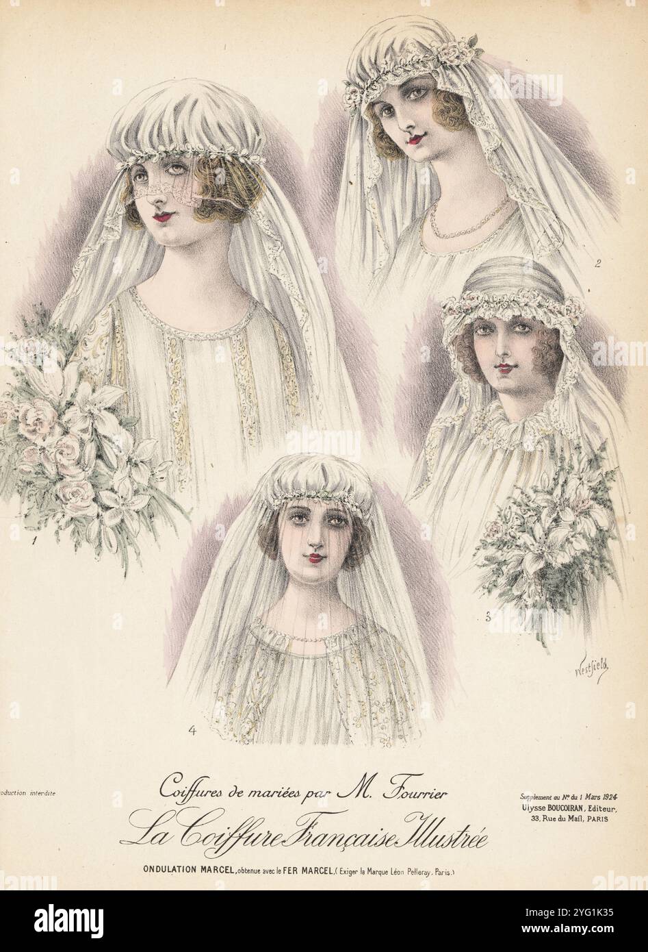 Coiffures de mariée par Fourrier, 22 Bd. Malesherbes, Paris. Femmes en vagues Marcel avec coiffes de bonnet et voile décorées de fleurs et de dentelle. Coiffures de mariees par M. Fourrier. Chromolithographie par Westfield de la coiffure française illustrée, revue française de coiffure éditée par Ulysse Boucoiran, 33 rue de mail, Paris, mars 1924. Banque D'Images