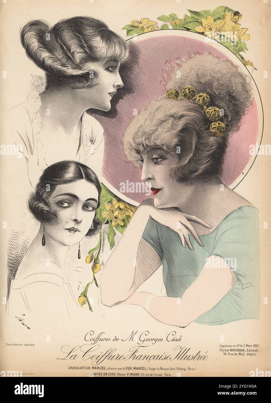 Coiffures par le styliste Georges CEAK, Paris.. Femmes en bobs courts avec des vagues Marcel et des boucles frisées dans le dos et les côtés. Bustes de cire de la Maison P. Imans, Marcel Waves créés avec les fers à friser Leon Pelleray Marcel. Coiffures de M. Georges CEAK. Chromolithographie par Geo de la coiffure française illustrée, revue française de coiffure éditée par Ulysse Boucoiran, 33 rue de mail, Paris, mars 1923. Banque D'Images