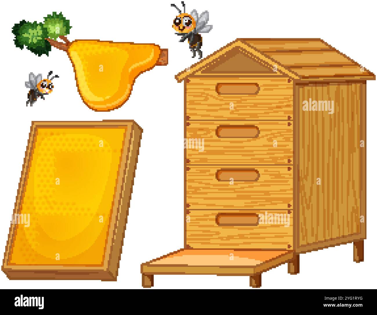 Abeilles bourdonnant autour d'une ruche en bois et d'un nid d'abeille Illustration de Vecteur