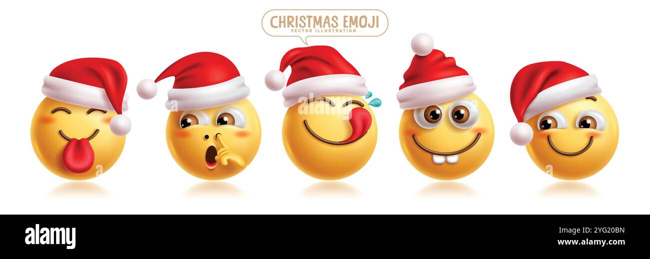 Emoji noël émoticône caractères vectoriels ensemble. Émoticônes père noël personnage dans l'expression faciale coquine, ennuyée, inintéressée, ludique et heureuse Illustration de Vecteur
