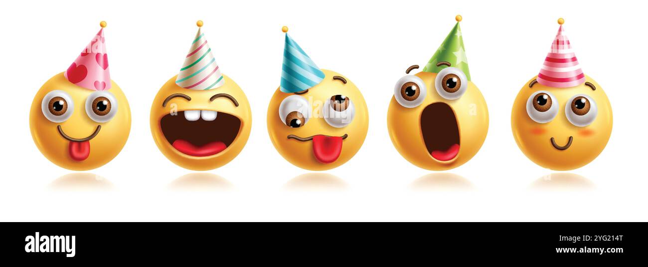 Emojis émoticône jeu de vecteur de caractères d'anniversaire. Émoticônes personnage d'anniversaire en souriant, heureux, choqué, excité, vilain, stupide, drôle et ludique Illustration de Vecteur