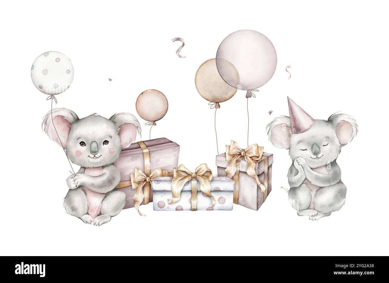 Koalas et ballons aquarelles et cadeaux de set avec arc sur fond isolé. Illustration dessinée à la main pour cartes de voeux pile de boîtes-cadeaux pour Banque D'Images