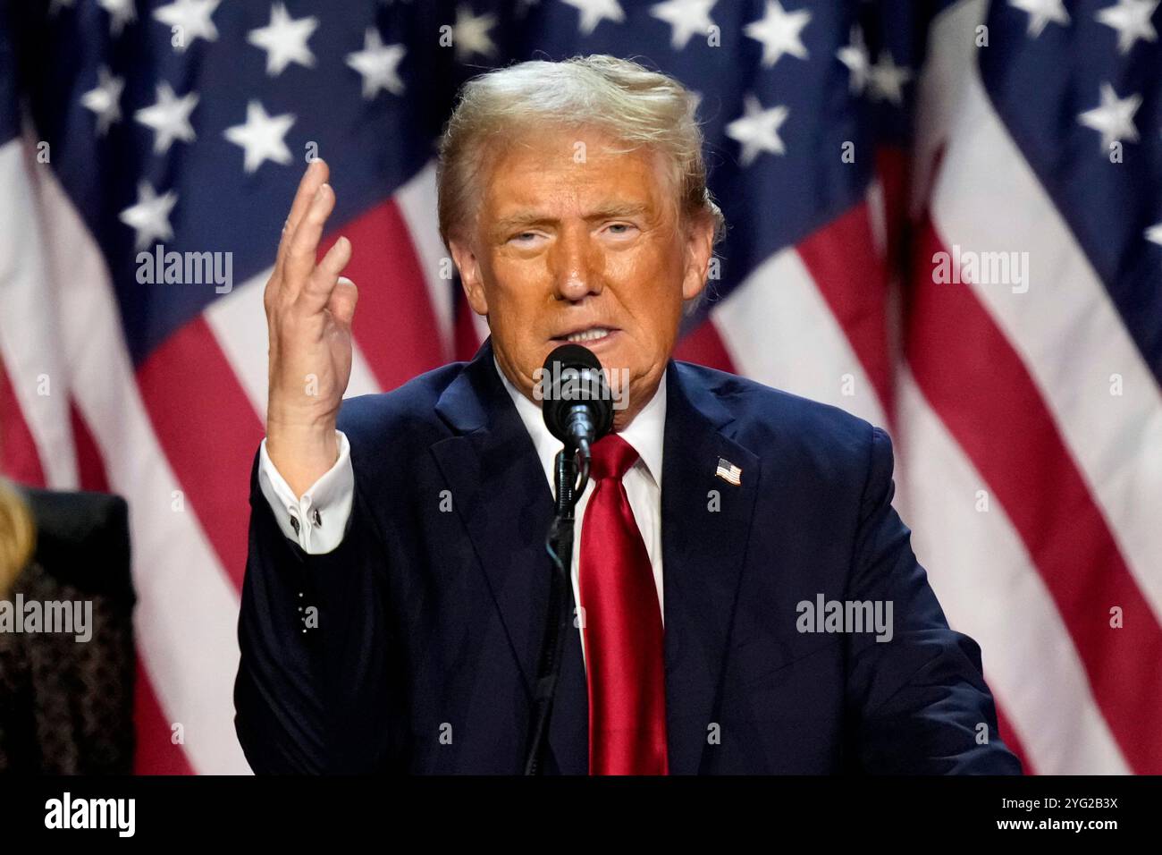 Republican presidential nominee former President Donald Trump speaks at an election night watch party, Wednesday, Nov. 6, 2024, in West Palm Beach, Fla. (AP Photo/Alex Brandon) Banque D'Images