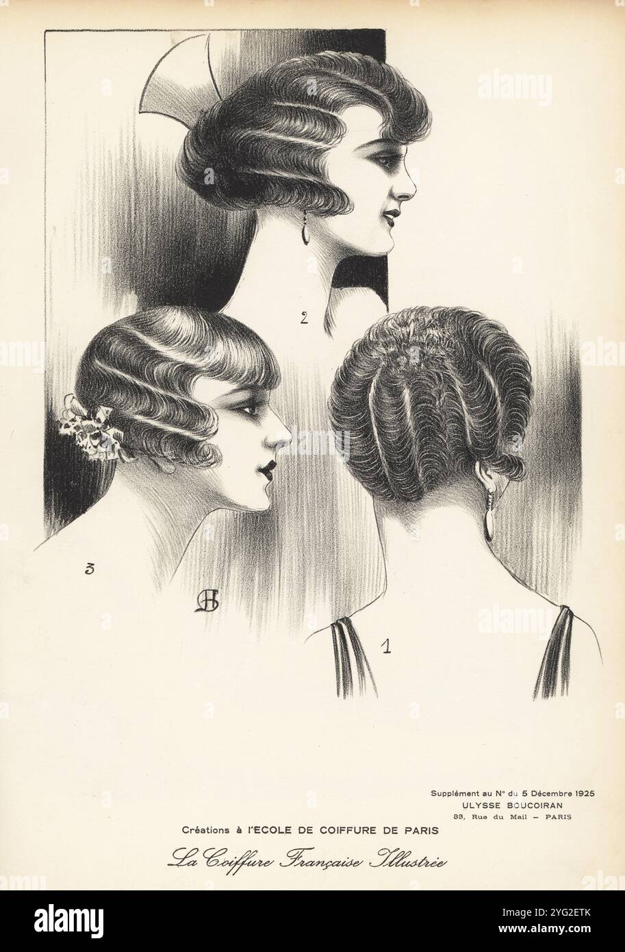 Coiffures par l'Ecole de coiffure de Paris, 1925. Vue arrière de Wavy Short bob 1, profil de Wavy bob avec peigne Art Déco 2 et profil de Wavy Short bob avec peigne Art Déco 3. Créations à l'Ecole de coiffure de Paris. Lithographie de H. gravier de la coiffure française illustrée, revue française de coiffure éditée par Ulysse Boucoiran, 33 rue de mail, Paris, décembre 1925. Banque D'Images