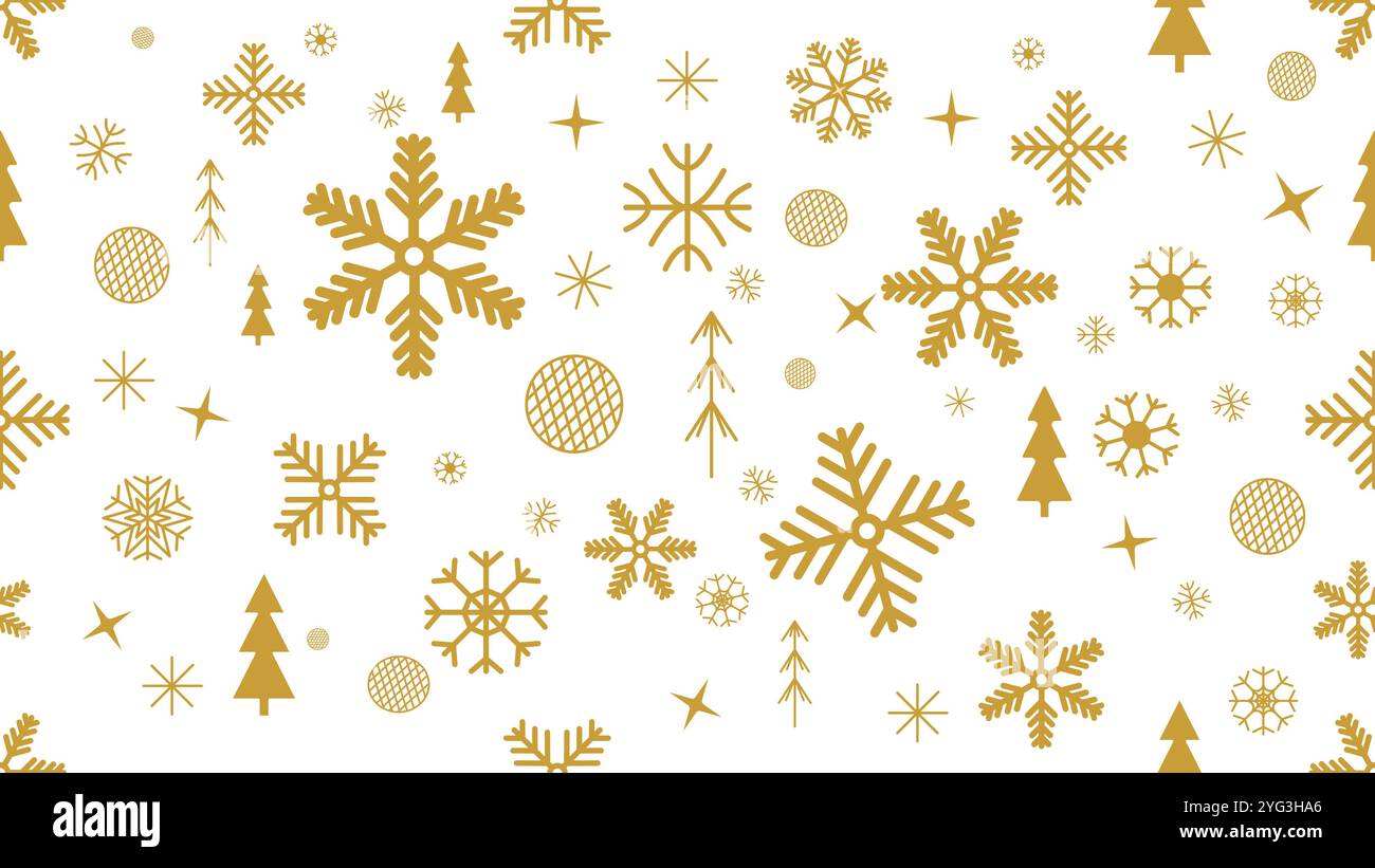 flocons de neige dorés sans couture et arbres de noël, avec des éléments géométriques festifs avec étoiles et boule Illustration de Vecteur