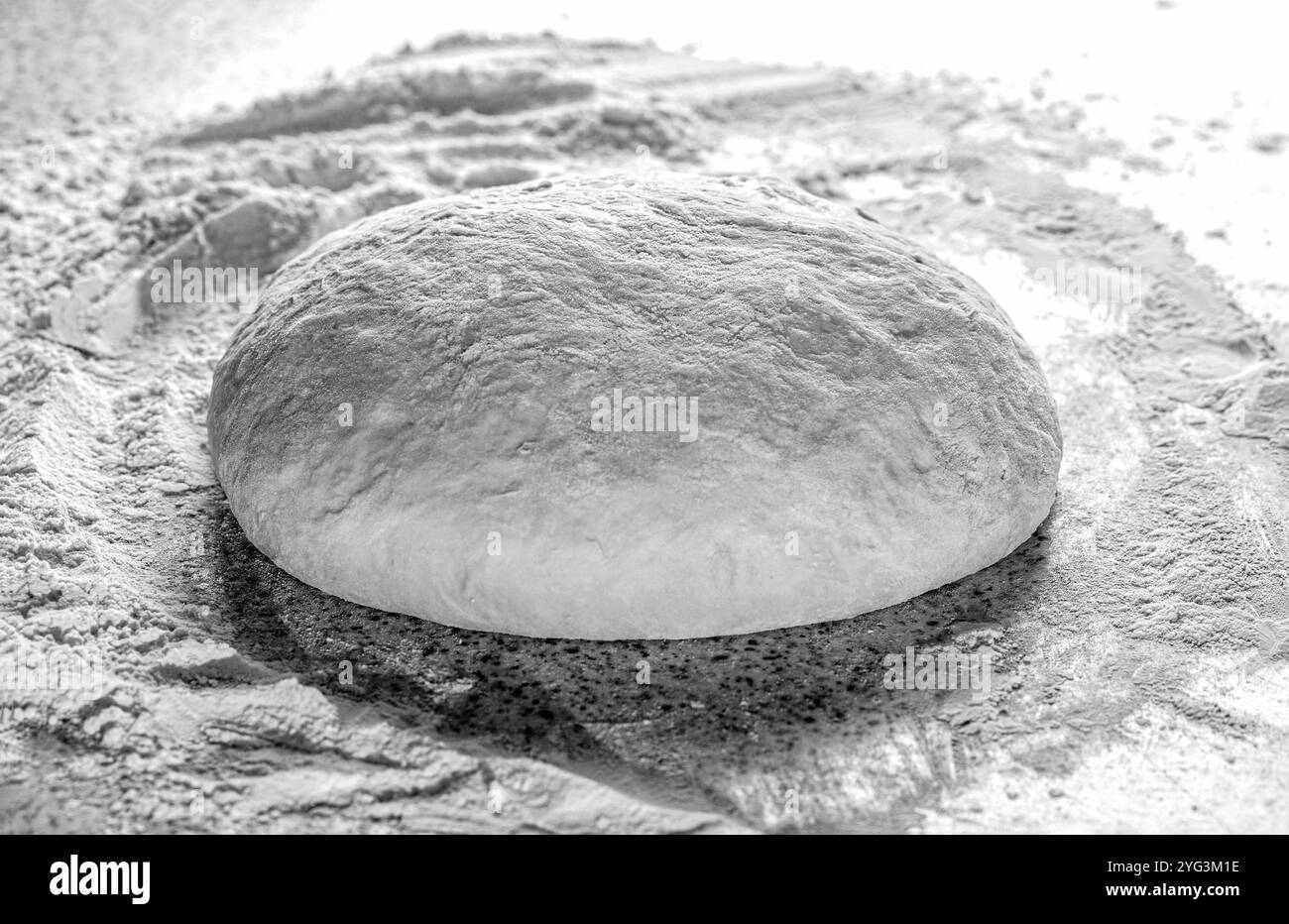 Texture de pâte roulée. Fond de la pâte pour la cuisson. Pâte crue fraîche pour la cuisson de pizza ou de pain. Noir et blanc Banque D'Images