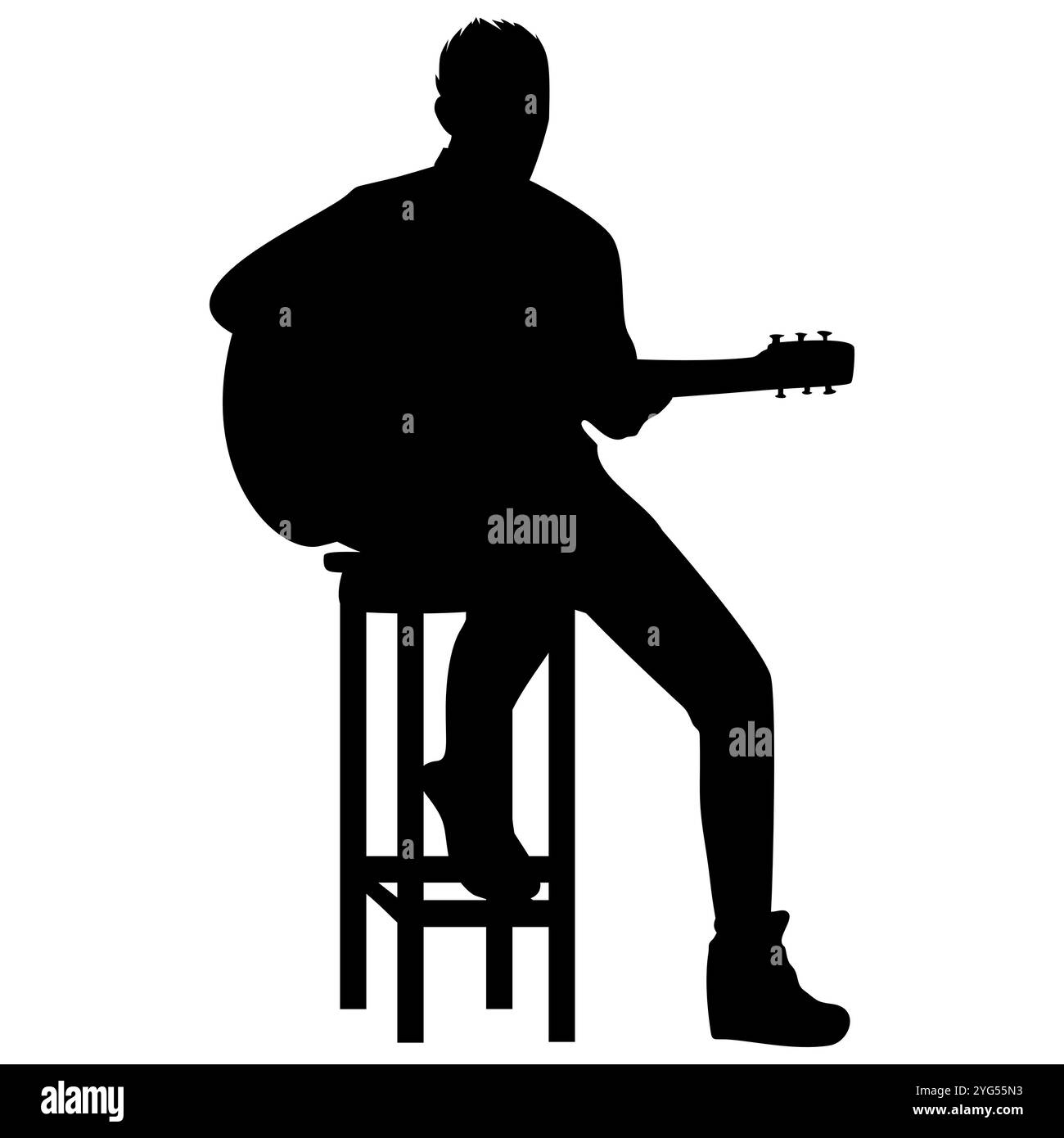 La silhouette du guitariste est assise sur une grande chaise. Parfait pour les autocollants, les icônes et les éléments ou les ornements publicitaires Banque D'Images