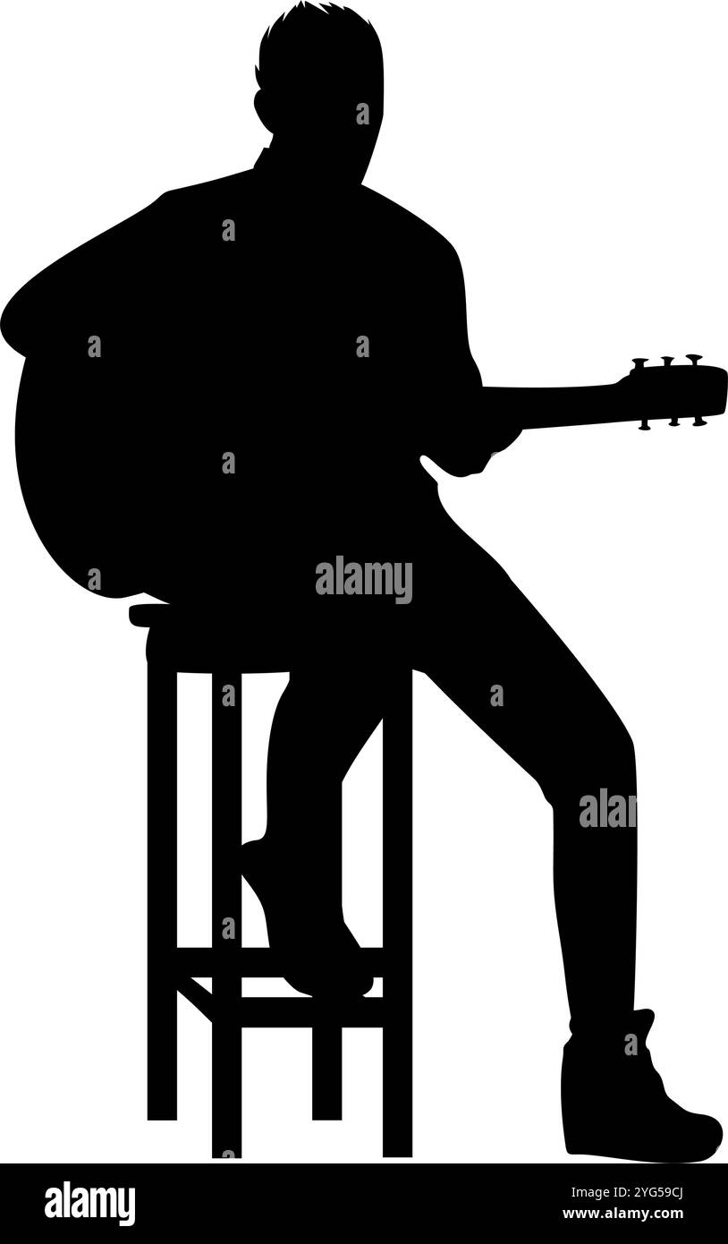 La silhouette du guitariste est assise sur une grande chaise. Parfait pour les autocollants, les icônes et les éléments ou les ornements publicitaires Illustration de Vecteur