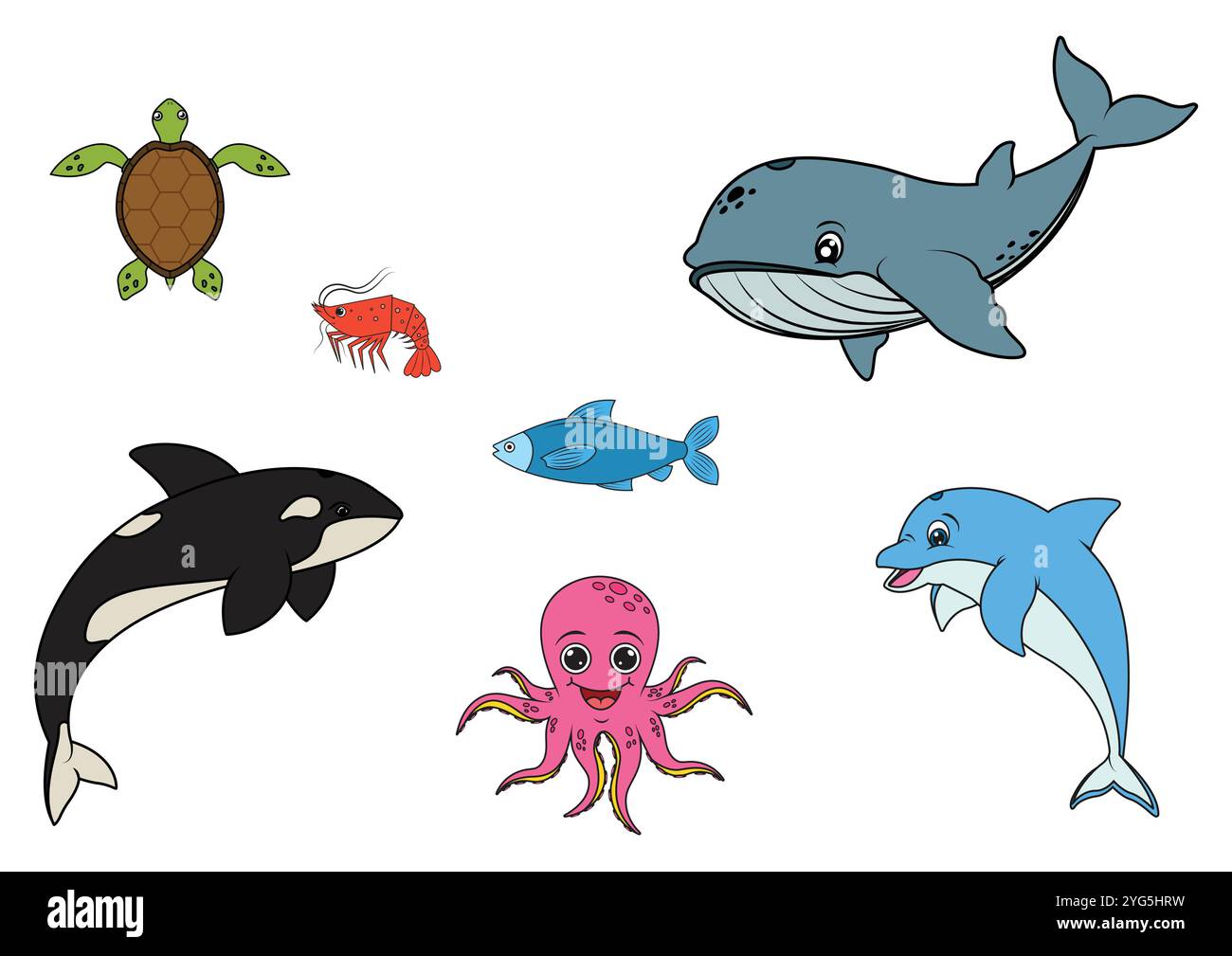 Collection d'animaux marins dans un style plat isolé sur fond blanc. Illustration vectorielle de poisson, crevette, baleine, dauphin, poulpe, orca. Illustration de Vecteur
