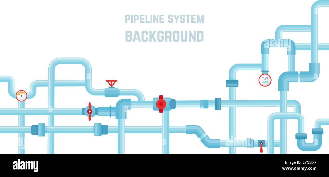 Fond du système de pipeline. Tube d'eau, système de carburant au gaz d'huile, conduit d'air et ventilation. Tuyaux en métal plastique avec vannes, néotériques industriels plats Illustration de Vecteur